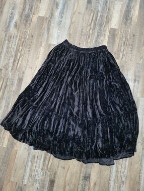 Black Velvet Tiered Skirt Boho Witchy Gothic Flowy Elastic Waist Large XL